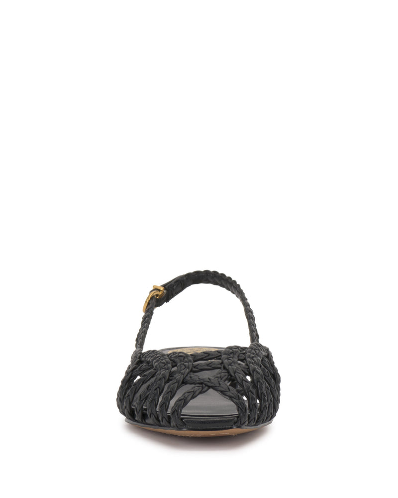 Front view of the Vince Camuto Stiorra Sandal in black, showcasing a braided closed toe and ankle strap, gold buckle, and low block heel, set against a white background.