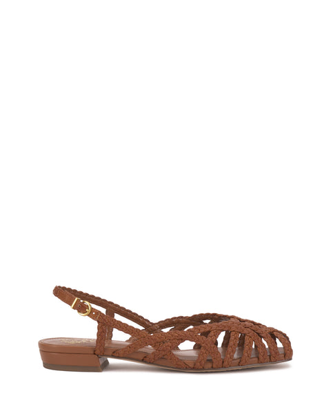 The Vince Camuto Stiorra Sandal features brown braided detailing, a low block heel, closed toe, open sides, and an adjustable slingback strap with a gold buckle. Displayed on a white background.