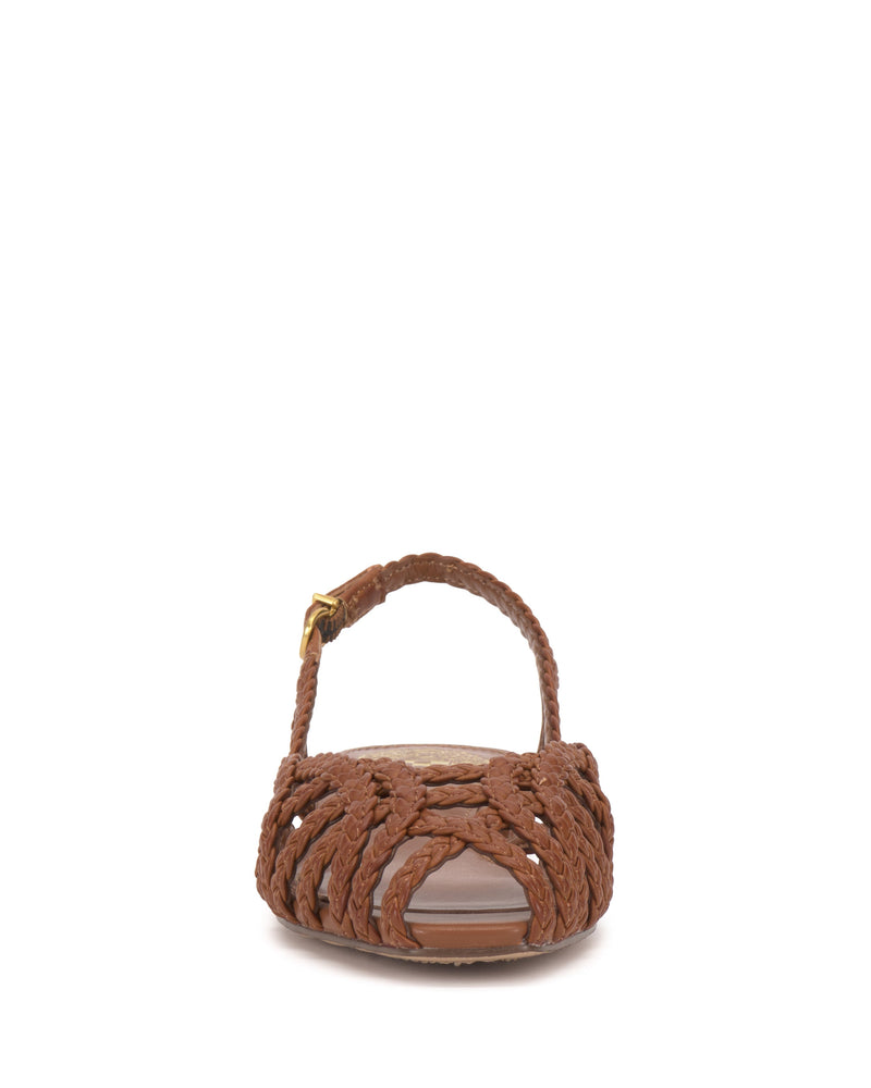 The Vince Camuto Stiorra Sandal features a brown woven front with braided accents, an open toe, and an ankle strap finished with a small gold buckle.
