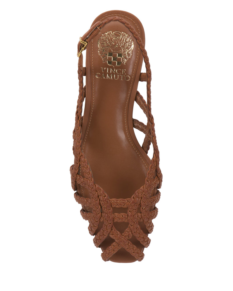 Top view of the Vince Camuto Stiorra Sandal featuring braided brown woven straps, an open toe, and a gold Vince Camuto logo on the insole.