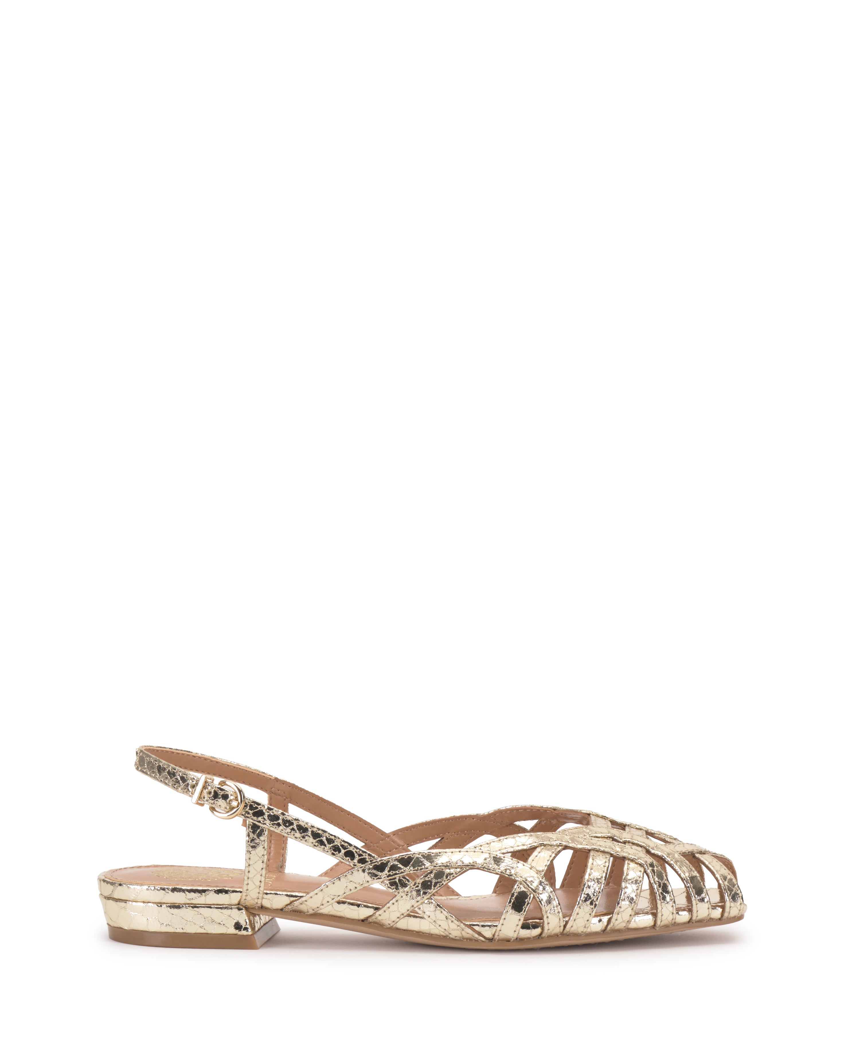 The Vince Camuto Stiorra Sandal features gold metallic braided detailing, an open-toe woven design, a low block heel, slingback strap with buckle, and a shiny textured finish.
