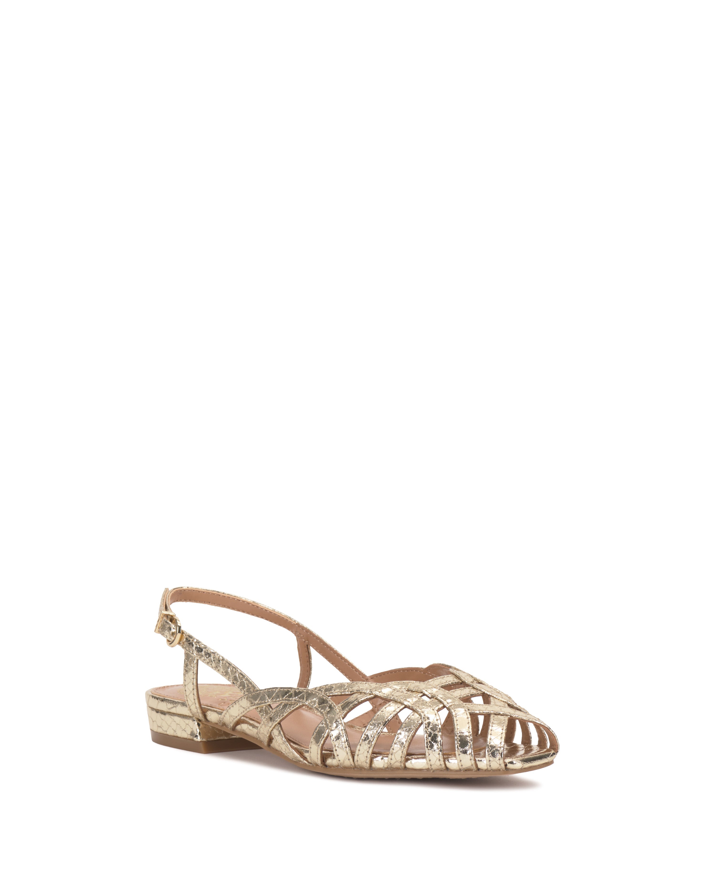 The Vince Camuto Stiorra Sandal in gold features strappy design, a low block heel, closed woven toe with braided details, and an ankle strap, displayed against a white background.