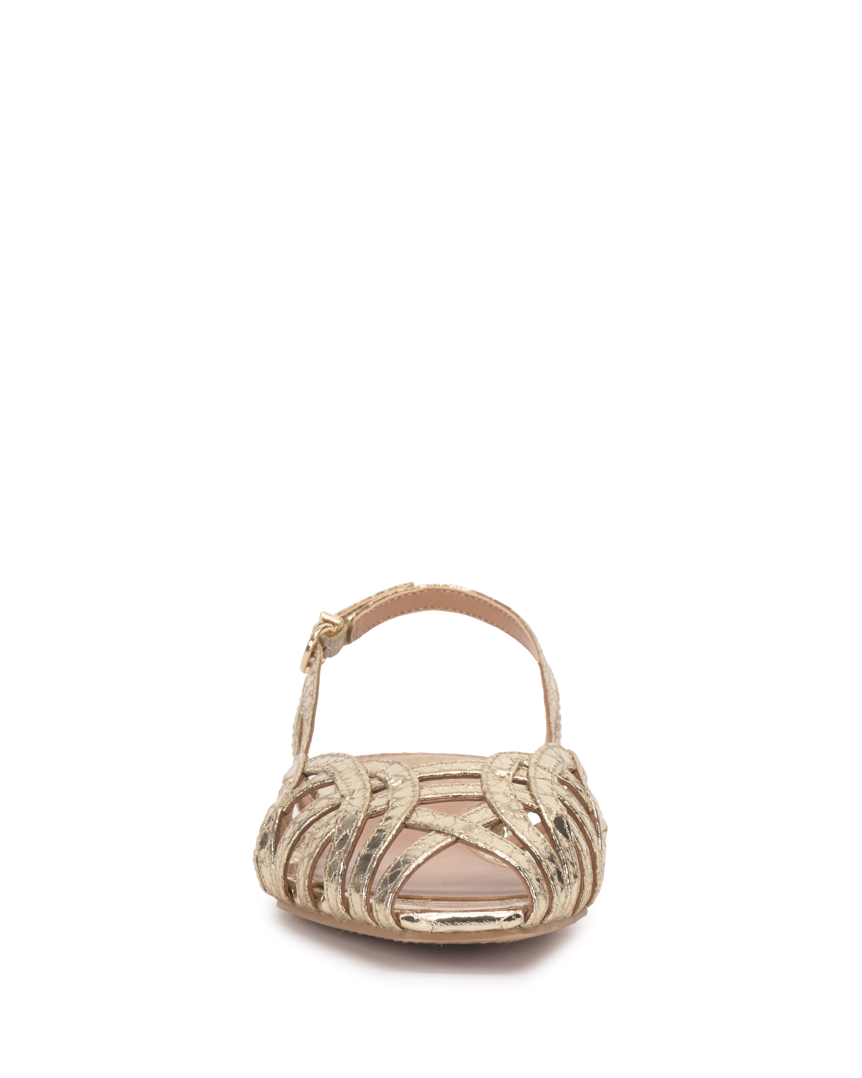 Front view of the Vince Camuto Stiorra Sandal, showcasing gold metallic braided detailing, an ankle strap with small buckle, and a low block heel on a white background.