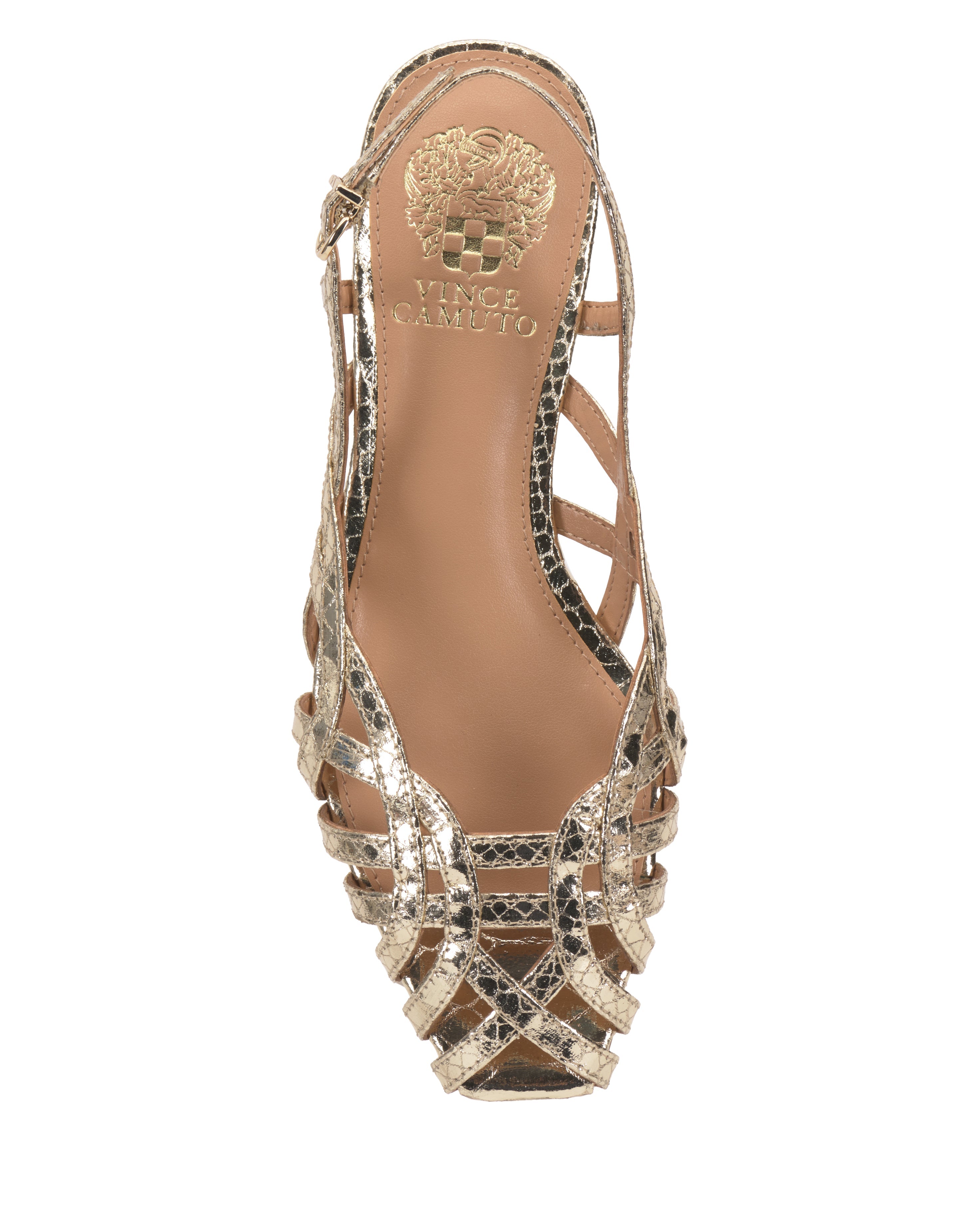 Top view of the Stiorra Sandal by Vince Camuto—a metallic gold, snakeskin-patterned slingback with a pointed toe, lattice cut-outs, low block heel, braided details, and brand logo on the insole.