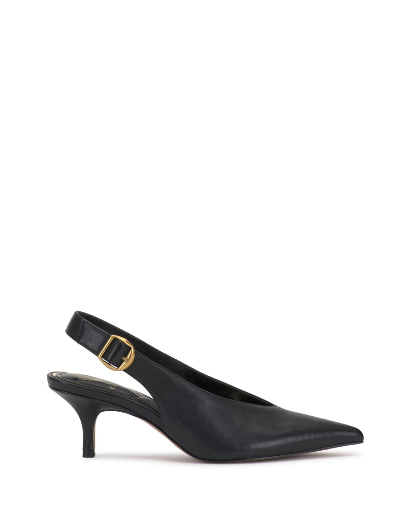 Black Vince Camuto Talmie Slingback Kitten Heel with a pointed toe and a gold buckle on the side strap.