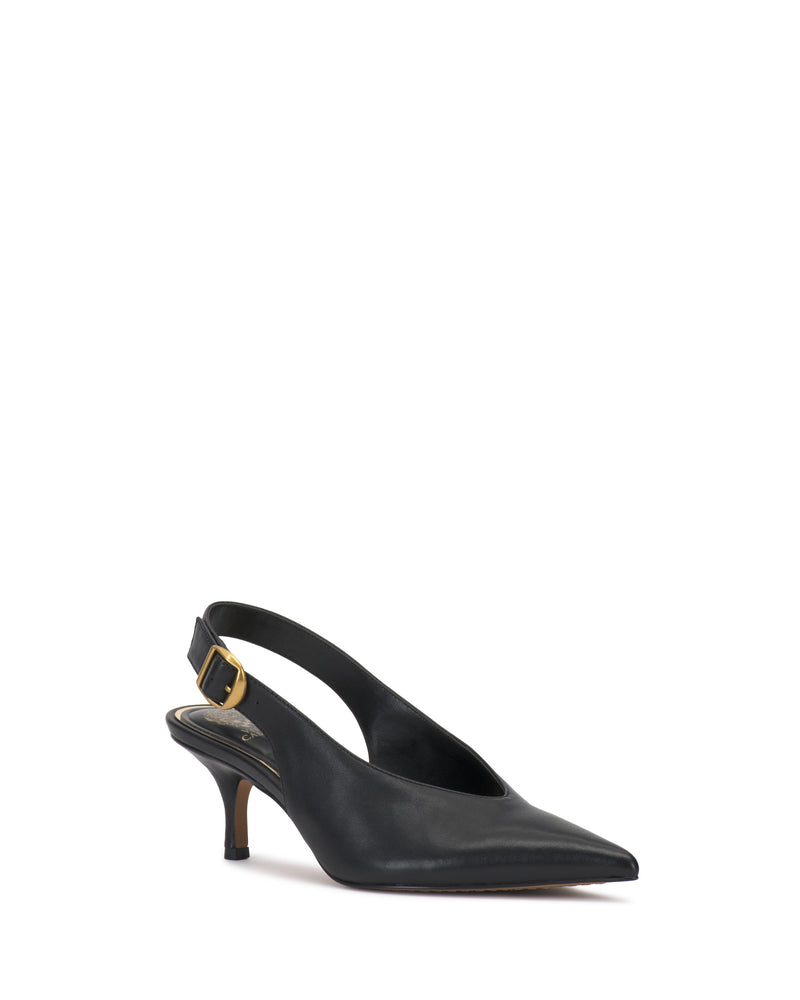 Black Talmie Slingback Kitten Heel with a pointed toe and a gold-tone buckle.