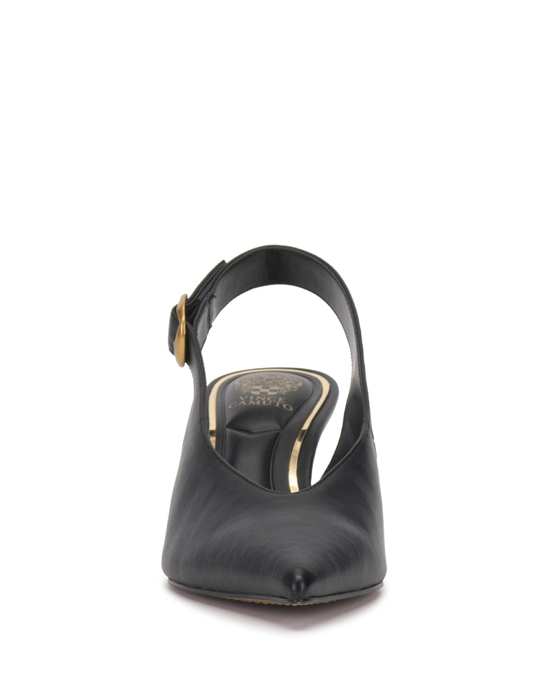 Vince Camuto Talmie Slingback Kitten Heel in black featuring a pointed toe and a gold-tone buckle.