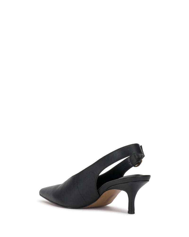 Black pointed-toe Talmie Slingback Kitten Heel with an adjustable buckle strap.