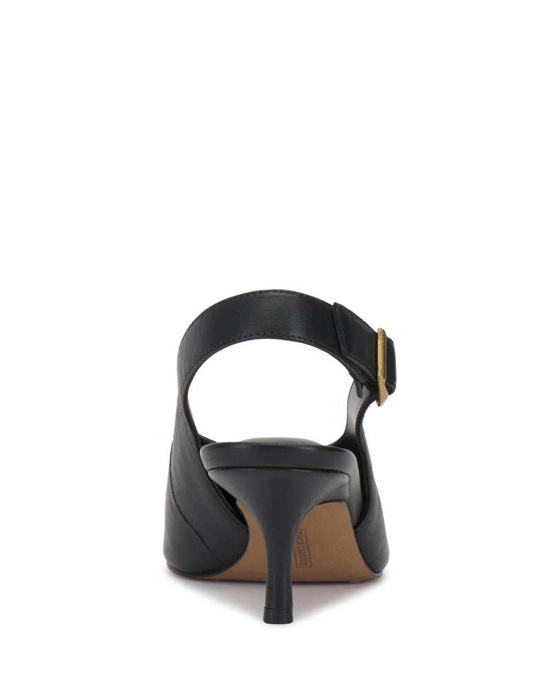 Black Vince Camuto Talmie Slingback Kitten Heel with an adjustable side buckle, viewed from the back.