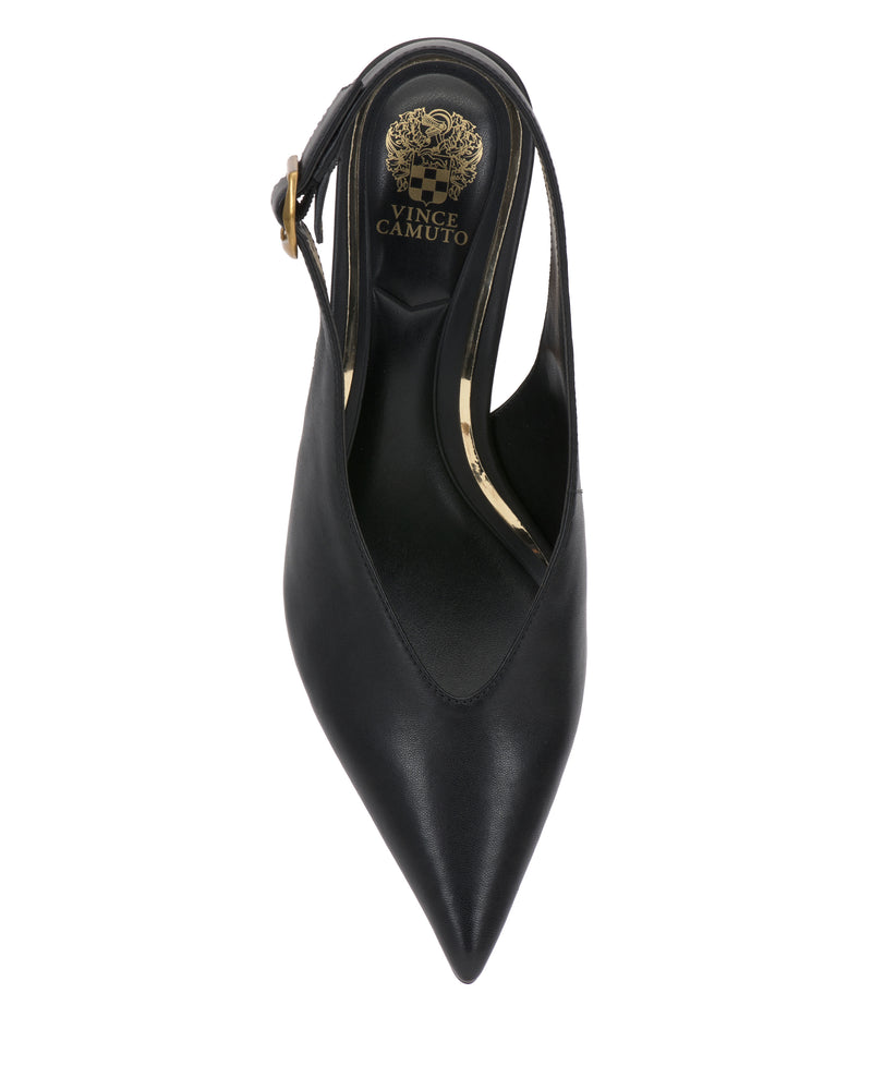 Black pointed-toe Talmie Slingback Kitten Heel with an adjustable side buckle.
