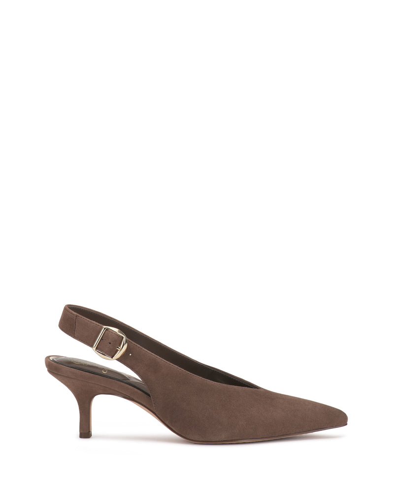 Vince Camuto Talmie Slingback Kitten Heel in brown with a pointed toe and a gold-toned buckle.