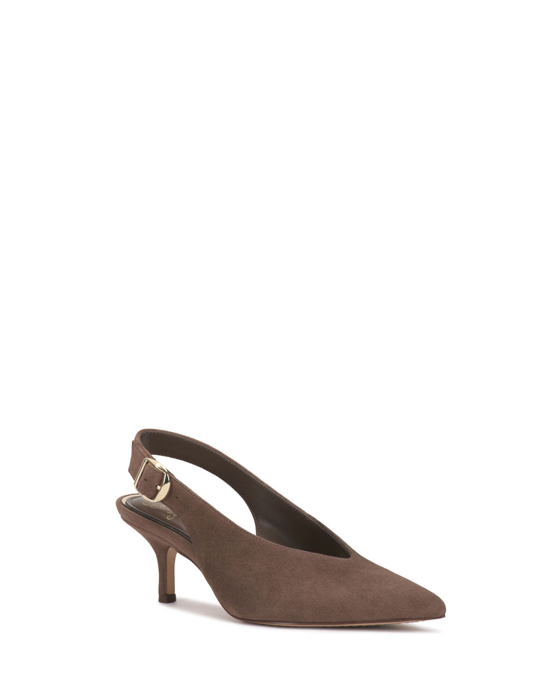 Vince Camuto Talmie Slingback Kitten Heel in brown suede featuring a pointed-toe, slingback strap, and gold-tone side buckle.