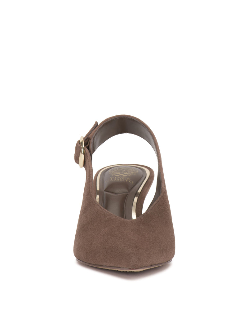 Vince Camuto Talmie Slingback Kitten Heel in brown suede, featuring an adjustable ankle strap with a gold-tone buckle.