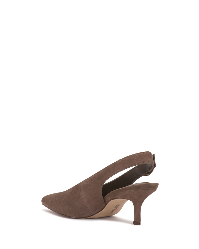 Vince Camuto Talmie slingback kitten heel in brown suede with a pointed toe and an adjustable ankle strap.