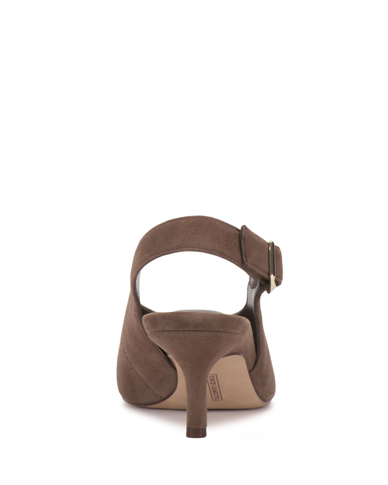 Rear view of the brown Vince Camuto Talmie Slingback Kitten Heel featuring an adjustable ankle strap.