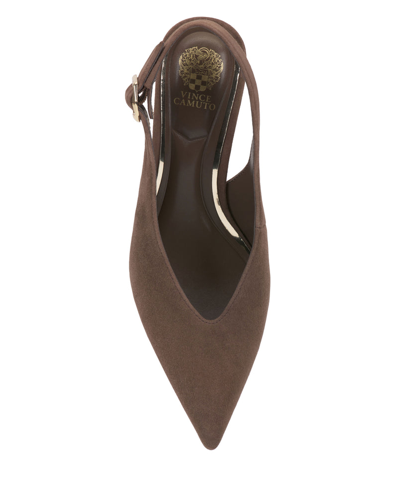 Brown suede Vince Camuto Talmie Slingback Kitten Heel with a pointed toe.