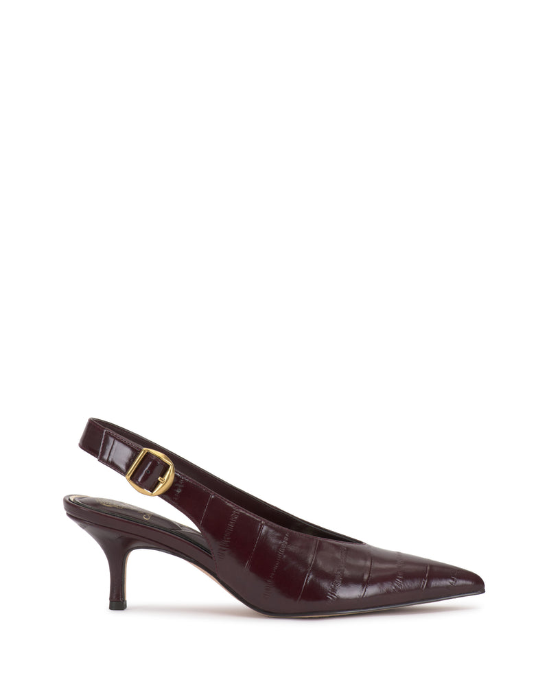 Deep burgundy Vince Camuto Talmie Slingback Kitten Heel with a pointed-toe and gold-tone buckle.