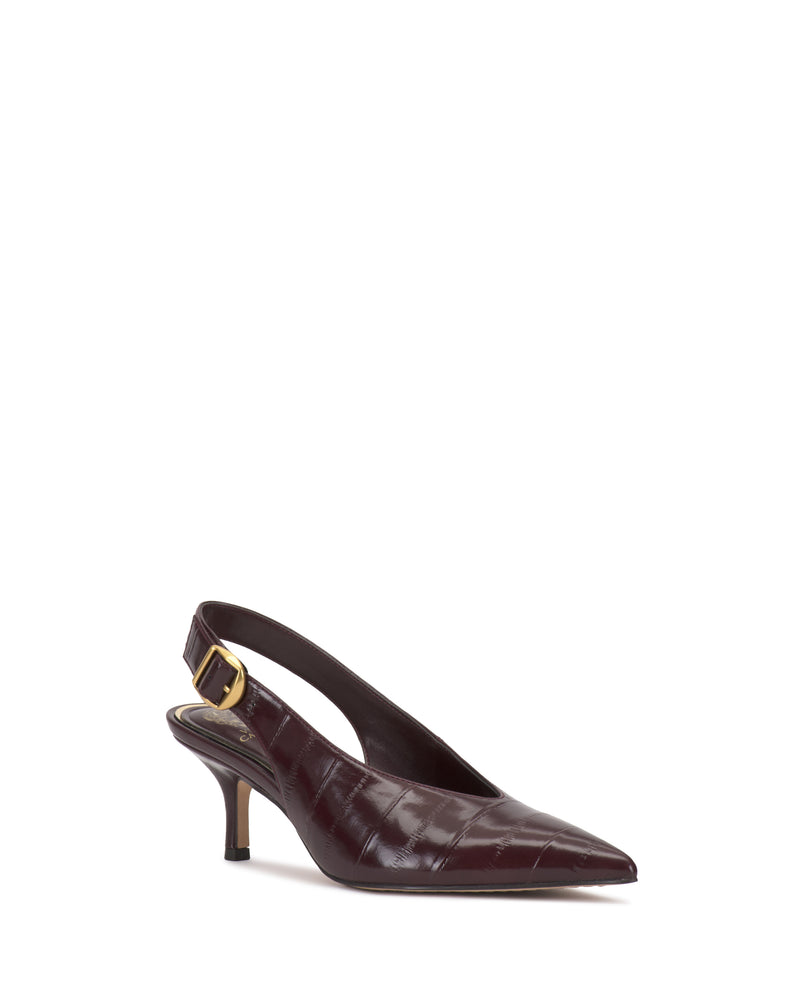 Vince Camuto Talmie Slingback Kitten Heel in dark burgundy with a pointed toe and a gold buckle closure.