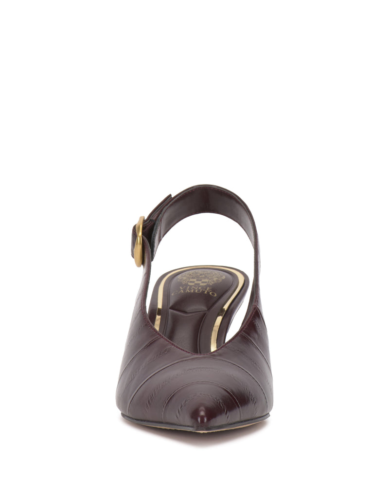 Dark brown pointed-toe Talmie Slingback Kitten Heel with a buckled ankle strap.