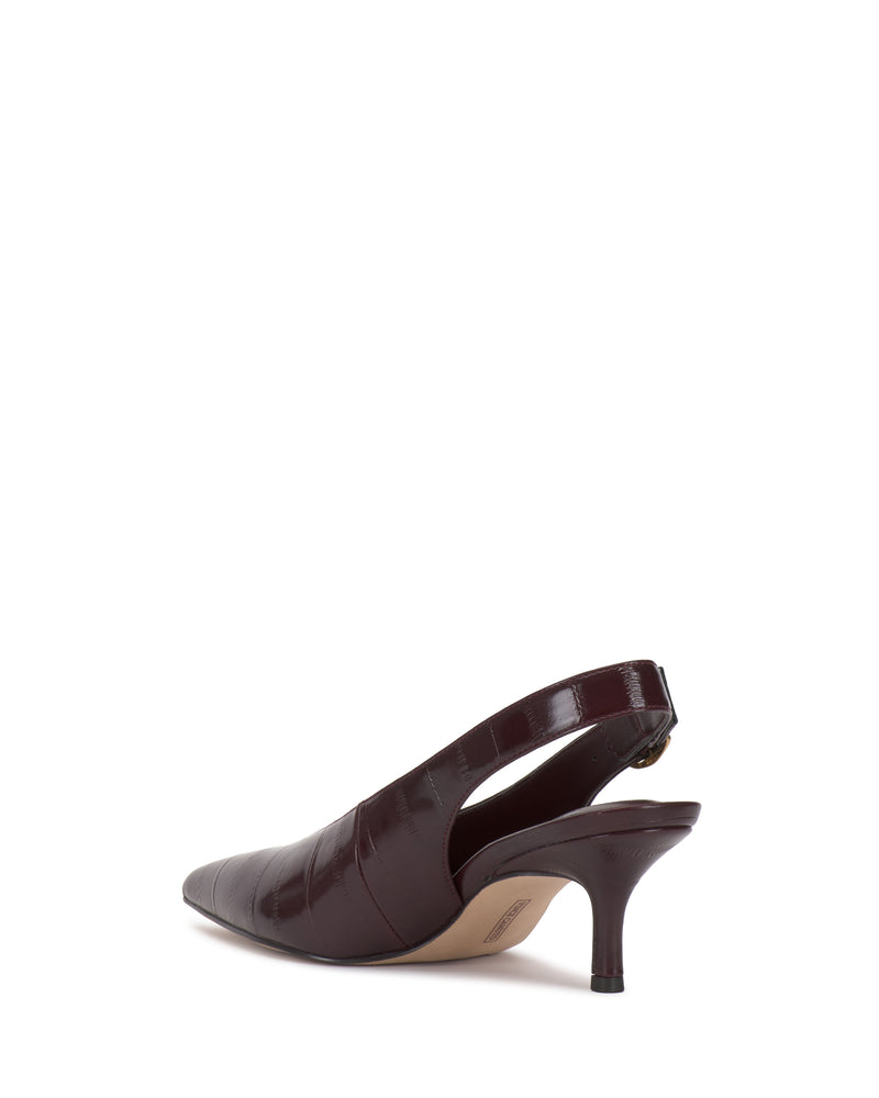 Vince Camuto Talmie slingback kitten heel in dark brown embossed leather with a pointed toe and an adjustable ankle strap.