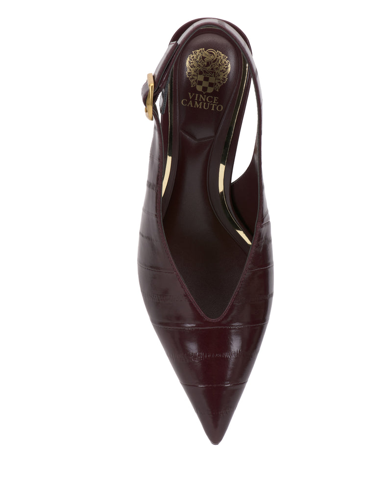 Vince Camuto Talmie Slingback Kitten Heel in burgundy with a pointed toe and a gold buckle.