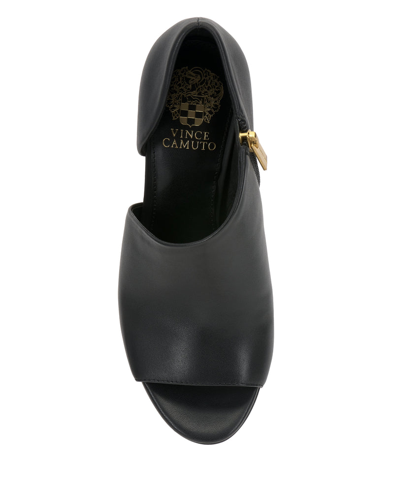 Top view of a black open-toe Vince Camuto Telemi D’Orsay Sandal featuring a side zipper and gold logo on the insole, displayed on a white background—an impeccable display of sculptural elegance.