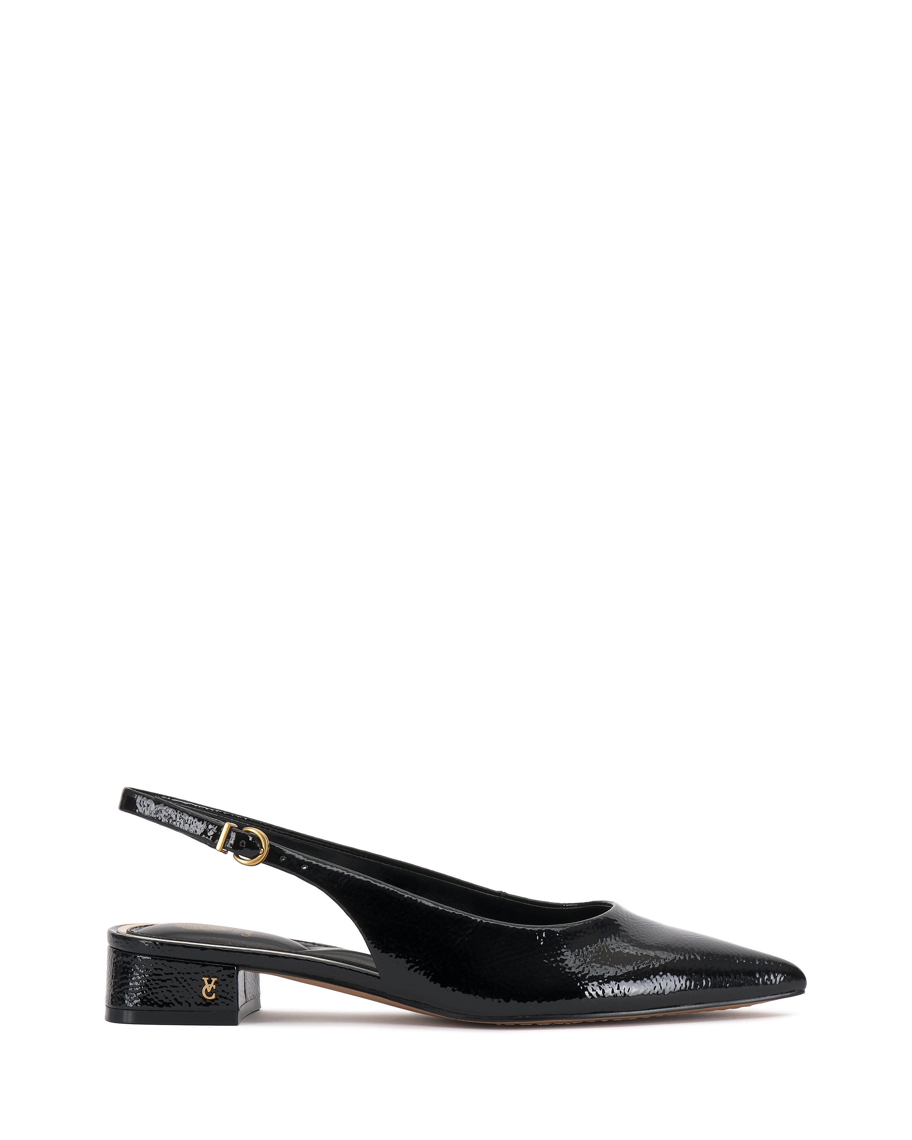 The Valiey Slingback Pump by Vince Camuto features black patent leather, a pointed toe, low block heel with a subtle gold logo detail, and a strap adorned with a small gold buckle.
