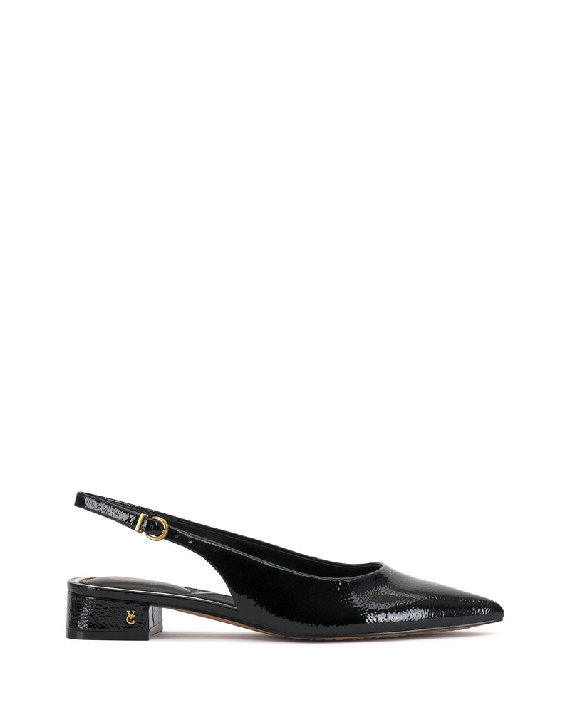 The Valiey Slingback Pump by Vince Camuto features black patent leather, a pointed toe, low block heel with a subtle gold logo detail, and a strap adorned with a small gold buckle.