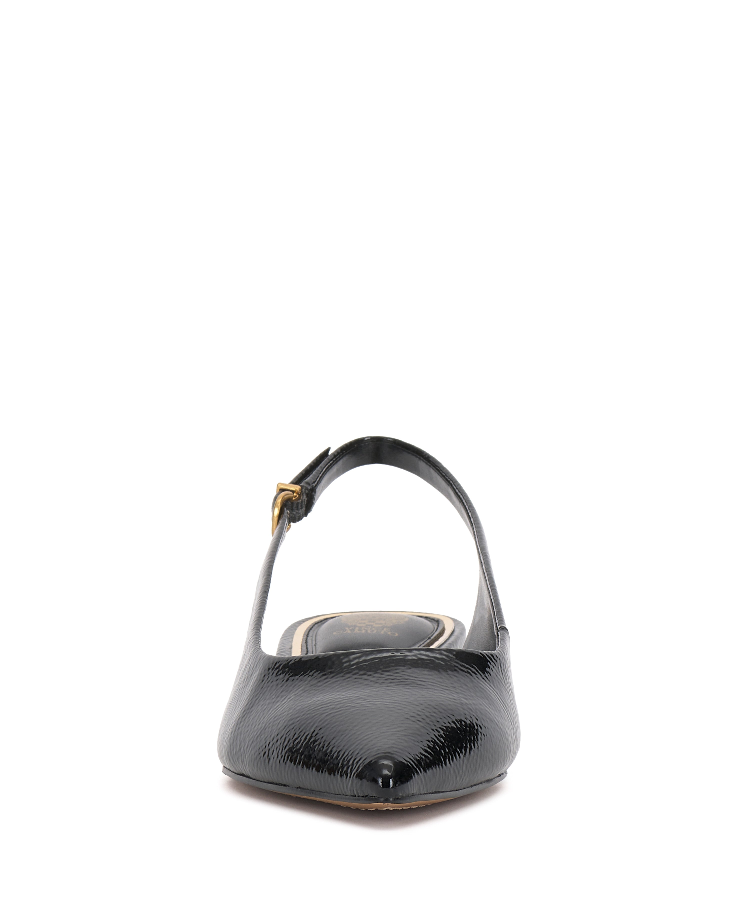 The Valiey Slingback Pump by Vince Camuto features a black, pointed toe, textured leather upper, thin sole, and a gold buckle on the side strap.