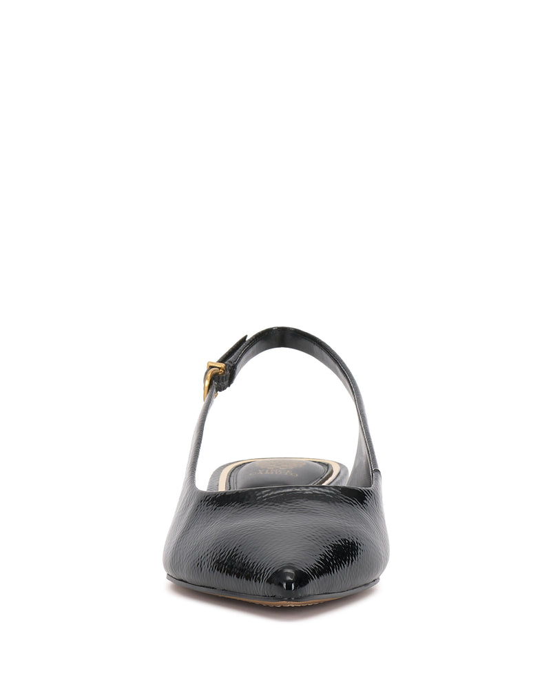 The Valiey Slingback Pump by Vince Camuto features a black, pointed toe, textured leather upper, thin sole, and a gold buckle on the side strap.
