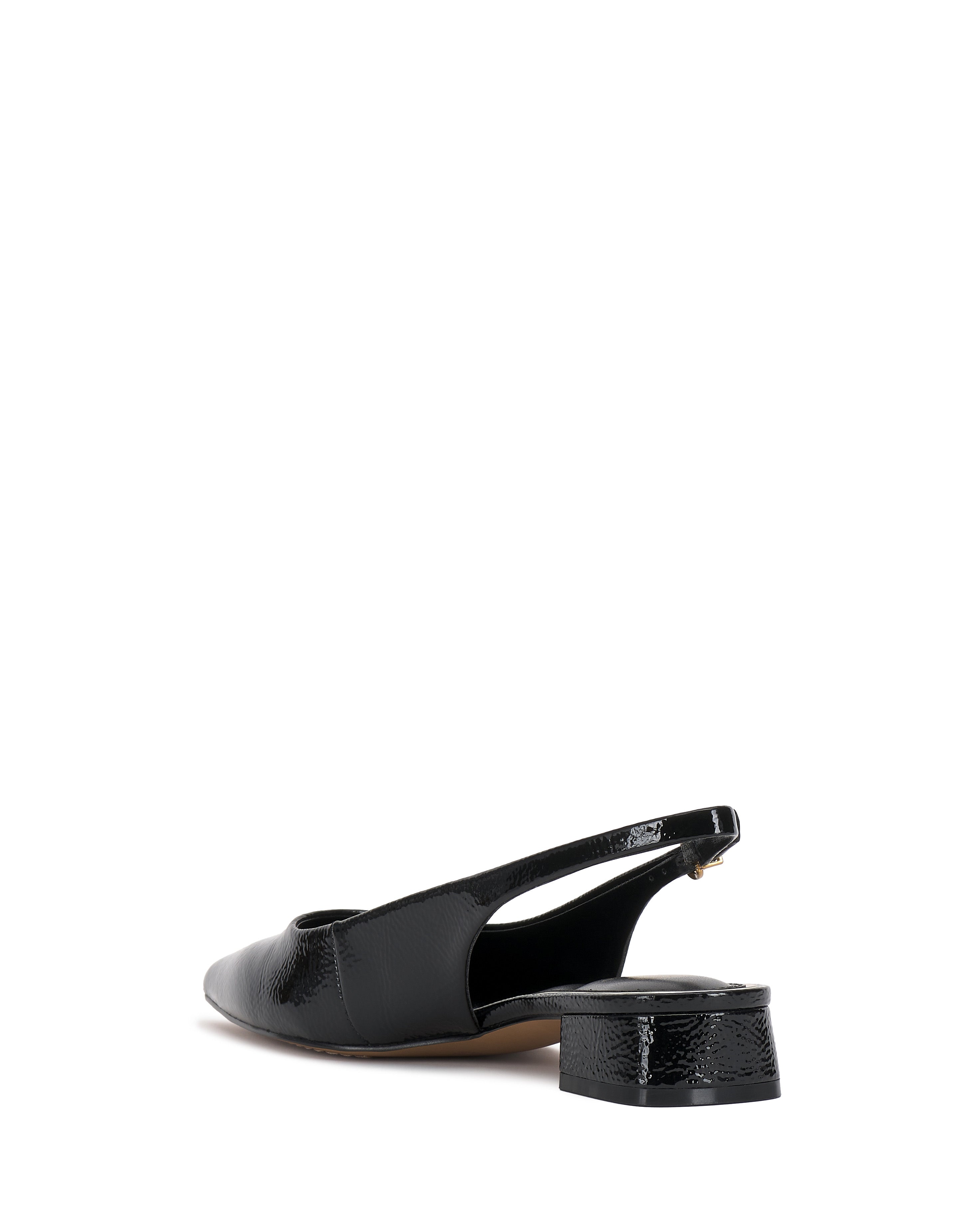 The Valiey Slingback Pump by Vince Camuto features black patent leather, a low block heel, pointed toe, and open back. Displayed with the heel forward and toe away.