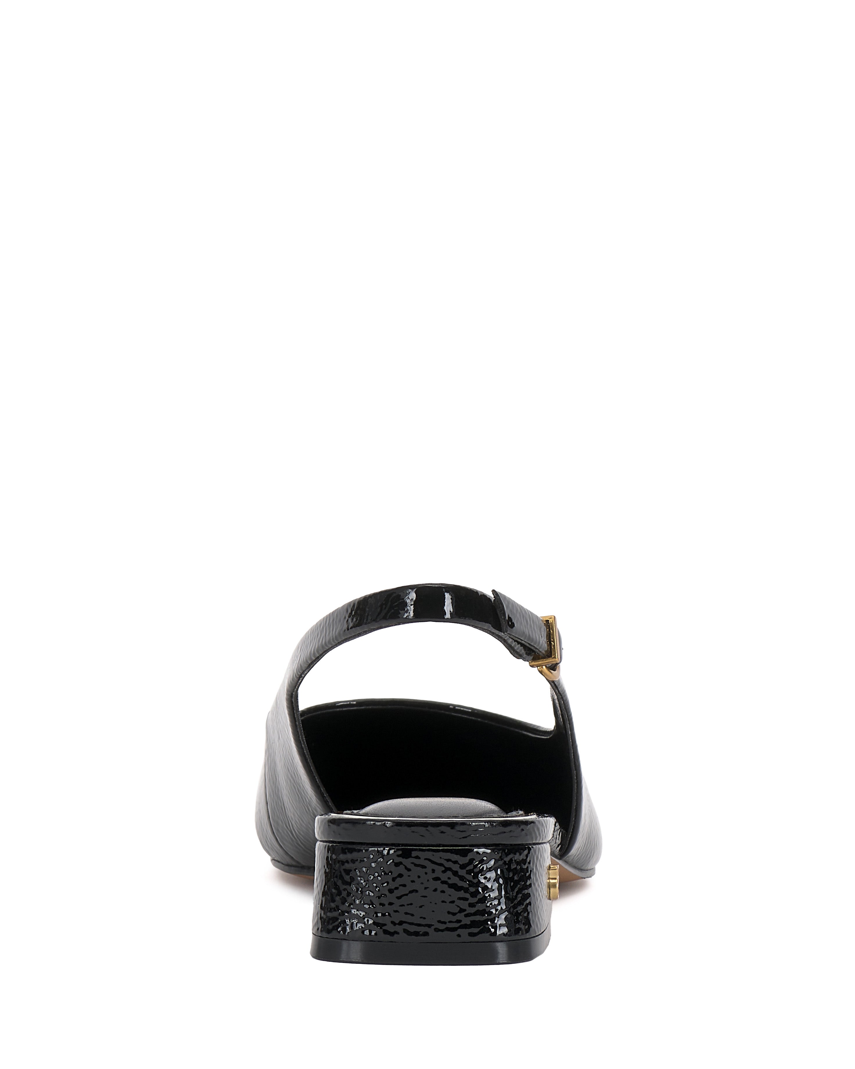 Rear view of the Vince Camuto Valiey Slingback Pump in black patent leather with a low block heel, ankle strap, and small gold buckle, shown against a white background.