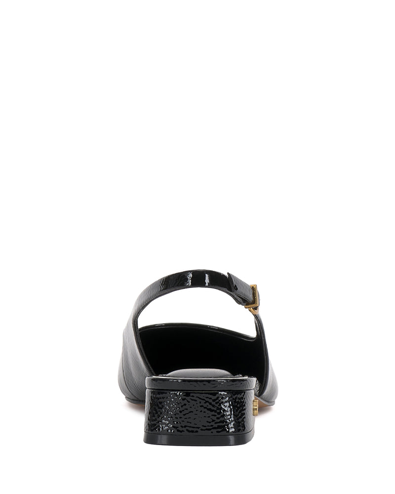 Rear view of the Vince Camuto Valiey Slingback Pump in black patent leather with a low block heel, ankle strap, and small gold buckle, shown against a white background.