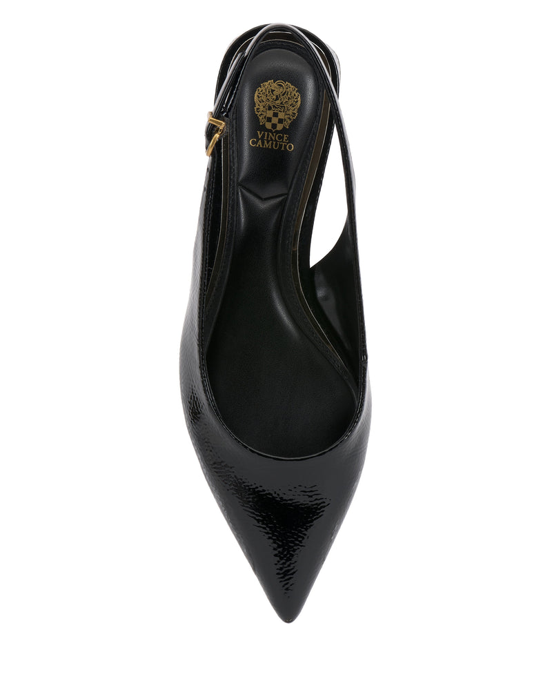 Top view of the Vince Camuto Valiey Slingback Pump—black with a pointed toe, subtle texture, gold buckle, and gold Vince Camuto logo on the insole.