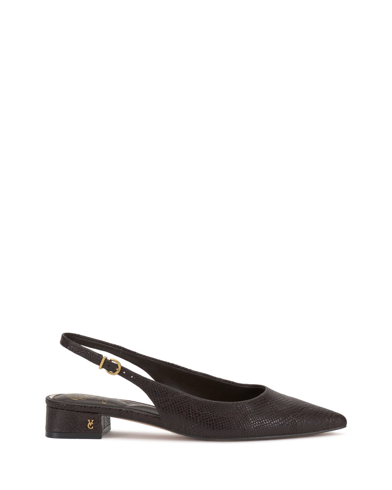 Vince Camuto Valiey Mule in dark brown, featuring a pointed-toe slingback design with a low block heel and a gold-tone buckle.