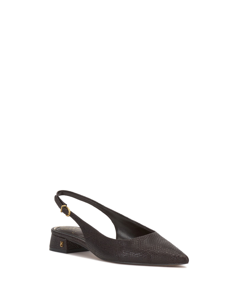 Vince Camuto Valiey Mule in black, featuring a pointed-toe, slingback design, and low block heel.