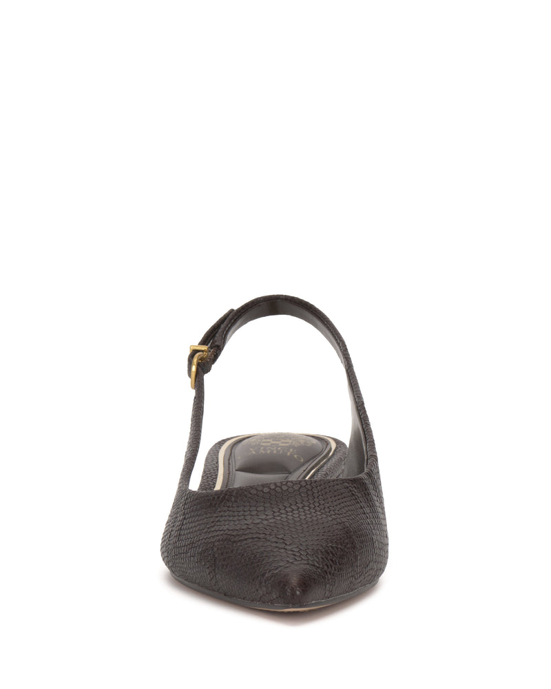 Dark brown Vince Camuto Valiey Mule with a pointed toe, slingback strap, block heel, and buckle detail.