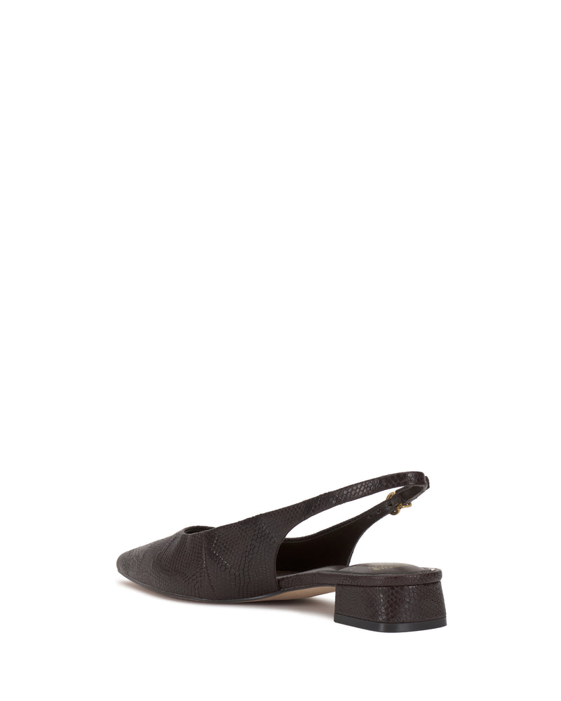 Vince Camuto Valiey Mule in dark brown snakeskin-textured leather with a pointed toe and a low block heel.