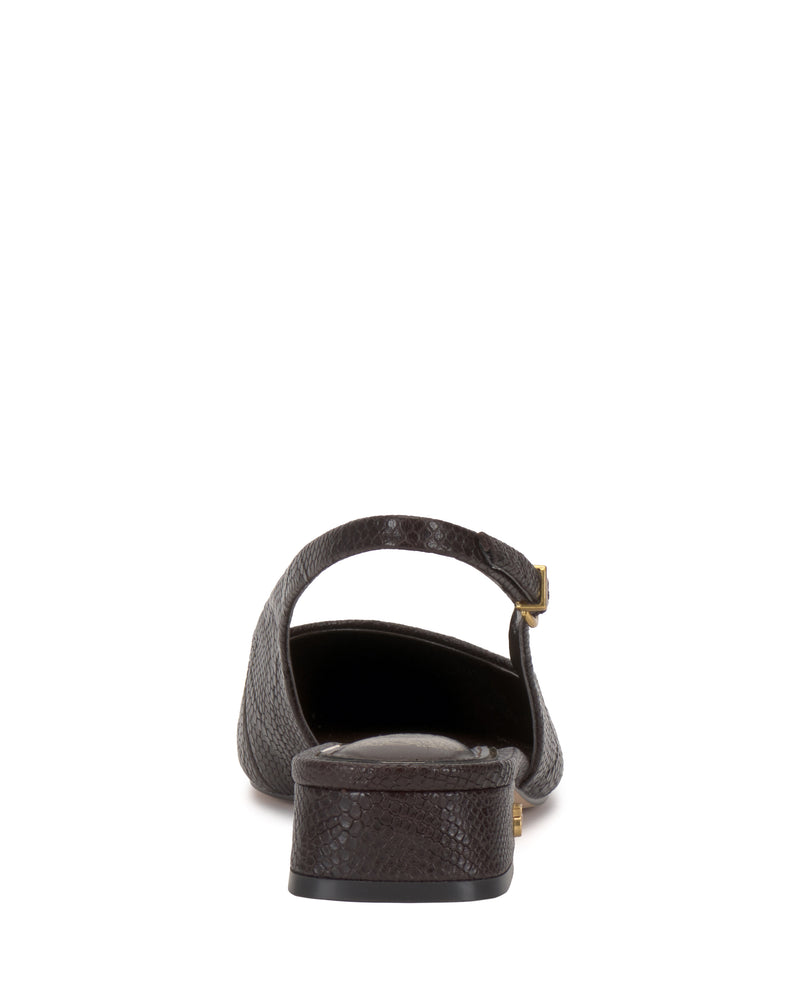 Back view of a dark brown Vince Camuto Valiey Mule featuring a low block heel and an adjustable gold buckle.