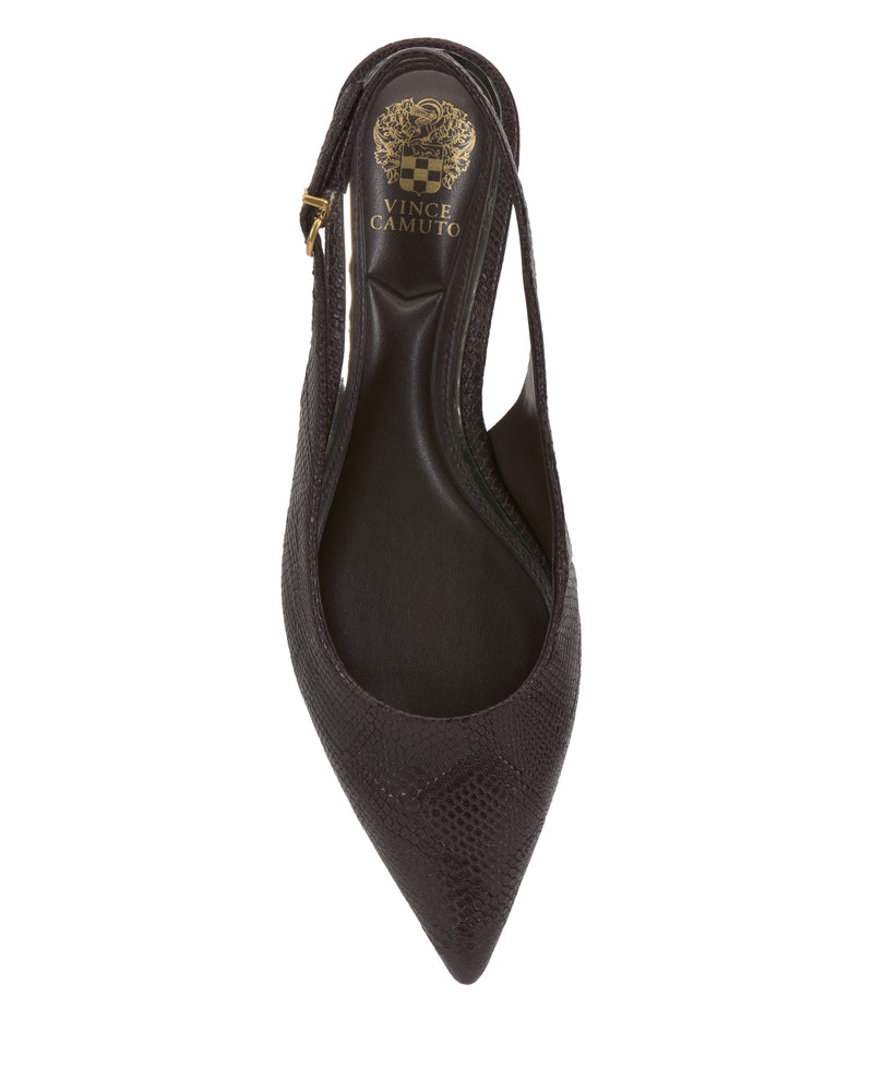 Vince Camuto Valiey Mule, a dark brown pointed-toe slingback with a textured finish and a block heel.