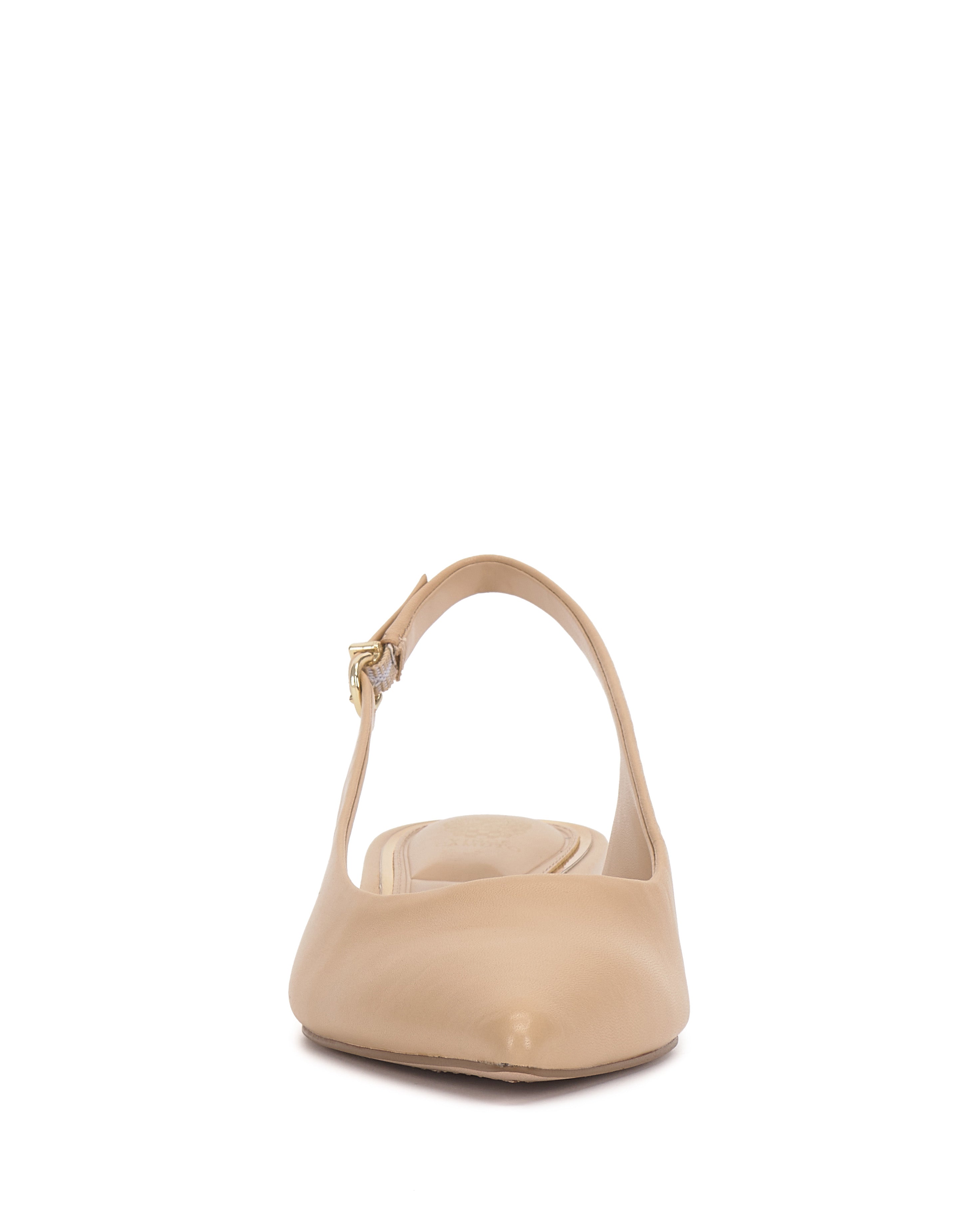 Front view of the Vince Camuto Valiey Slingback Pump, a beige pointed toe flat with a thin ankle strap and small gold buckle, shown against a white background.