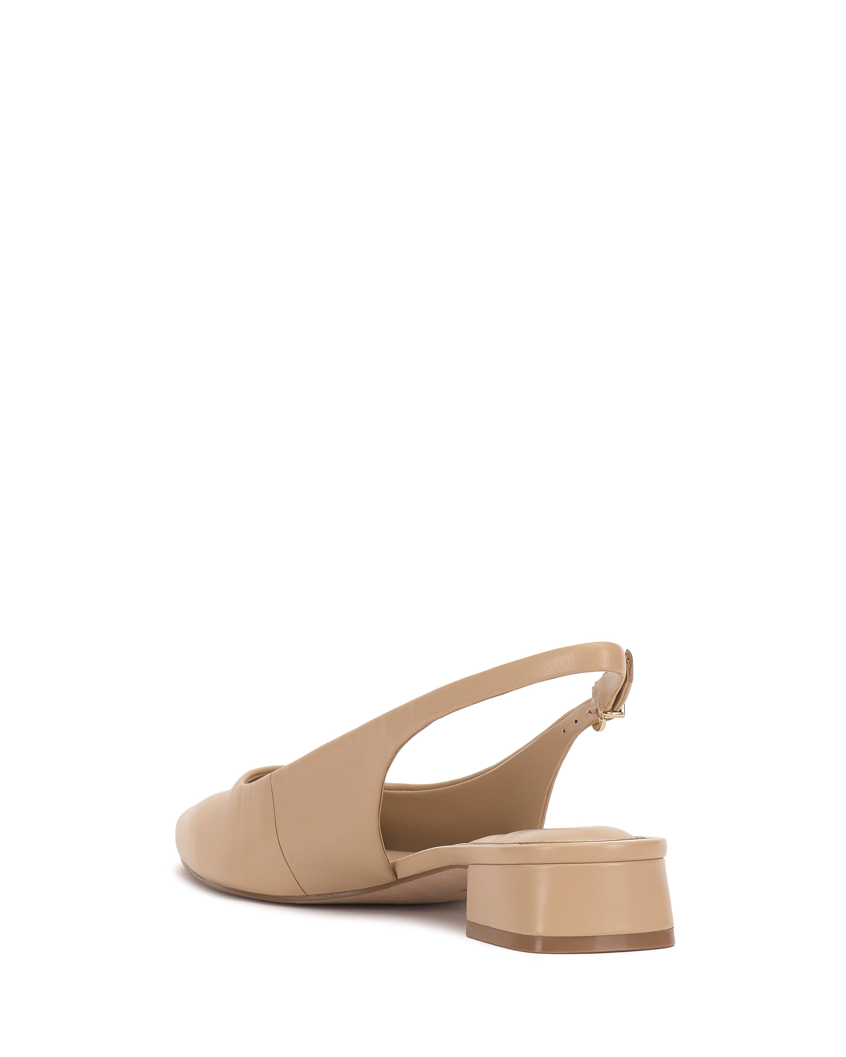 The Vince Camuto Valiey Slingback Pump is a beige, pointed-toe mule with a low block heel and closed toe, shown from the back and slightly to the side against a white background.