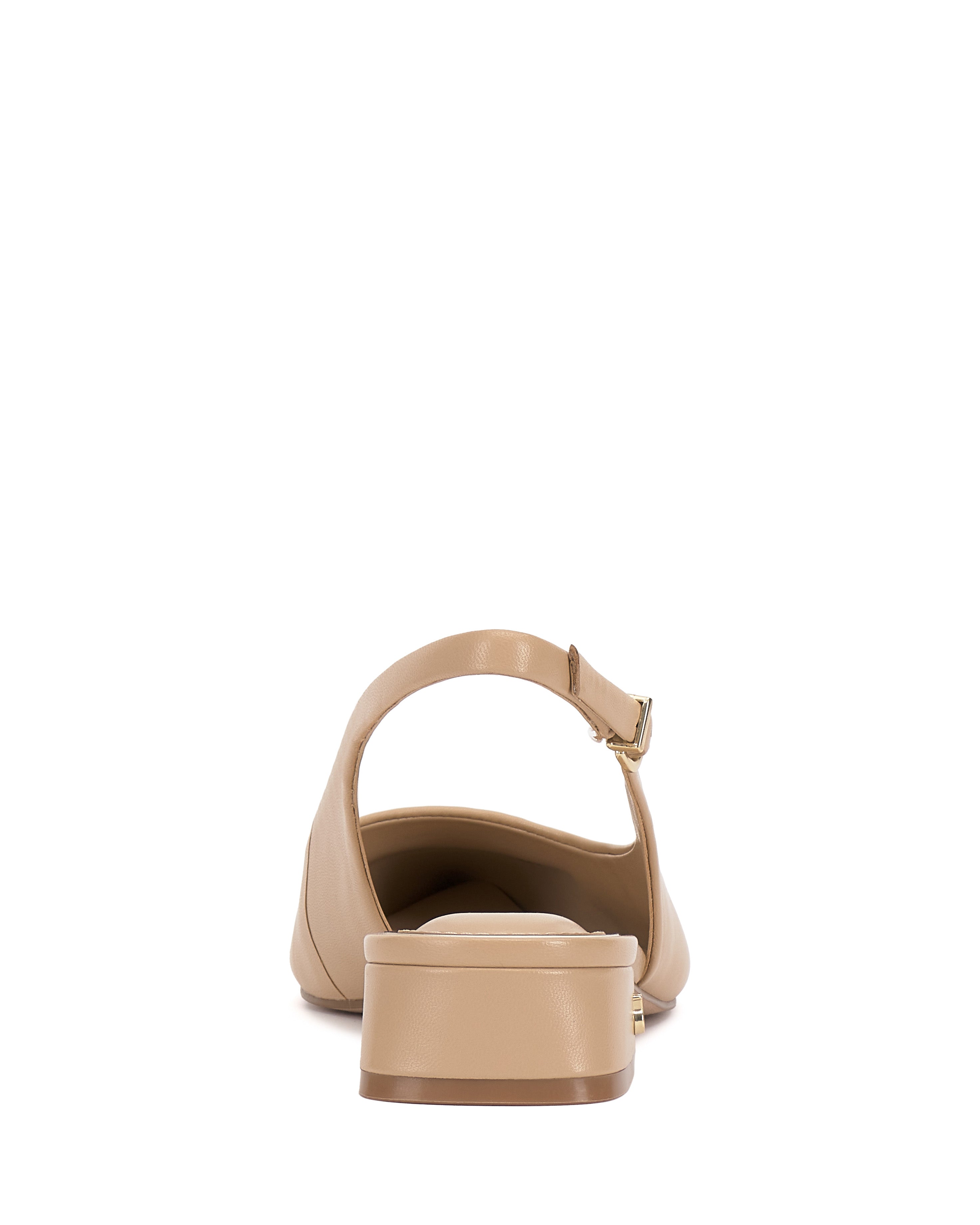 The Vince Camuto Valiey Slingback Pump is a beige closed, pointed-toe mule with a low block heel and ankle strap, shown from the back on a white background.