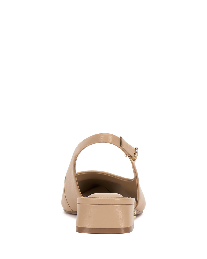 The Vince Camuto Valiey Slingback Pump is a beige closed, pointed-toe mule with a low block heel and ankle strap, shown from the back on a white background.