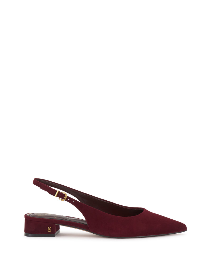 Vince Camuto Valiey Mule in burgundy, featuring a pointed-toe slingback design with a low block heel and a gold-tone buckle.