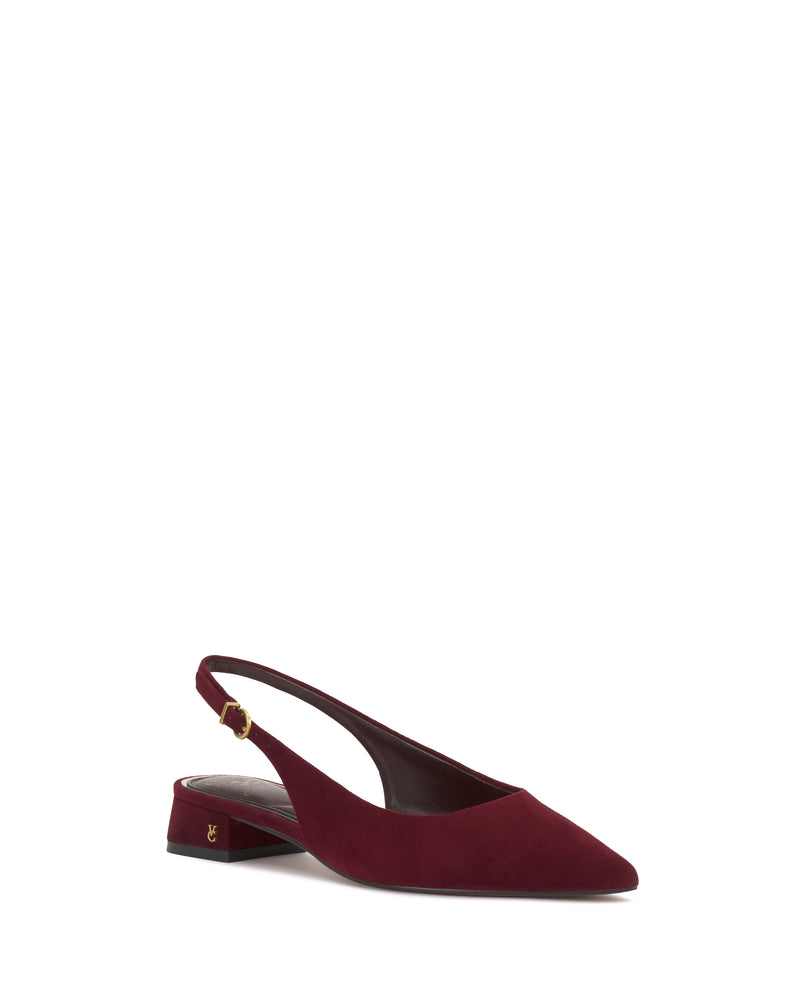 Burgundy pointed-toe Vince Camuto Valiey Mule with a low block heel and a gold-toned buckle.