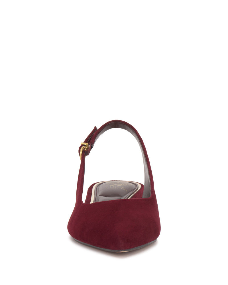 Vince Camuto Valiey Mule in burgundy, featuring a pointed-toe slingback design with a block heel and gold buckle.