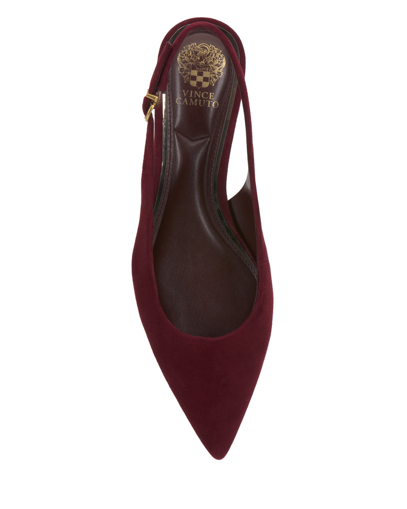 Burgundy Vince Camuto Valiey Mule with a pointed toe, gold buckle, and block heel.