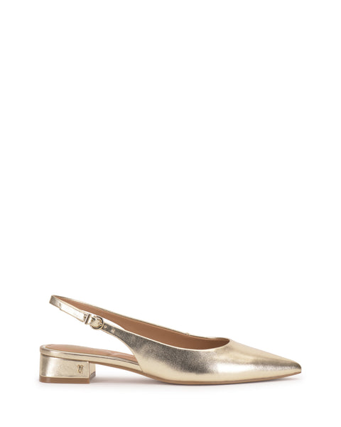 The Vince Camuto Valiey Slingback Pump is a gold metallic mule featuring a pointed toe, low block heel, and adjustable buckle strap, shown on a white background.