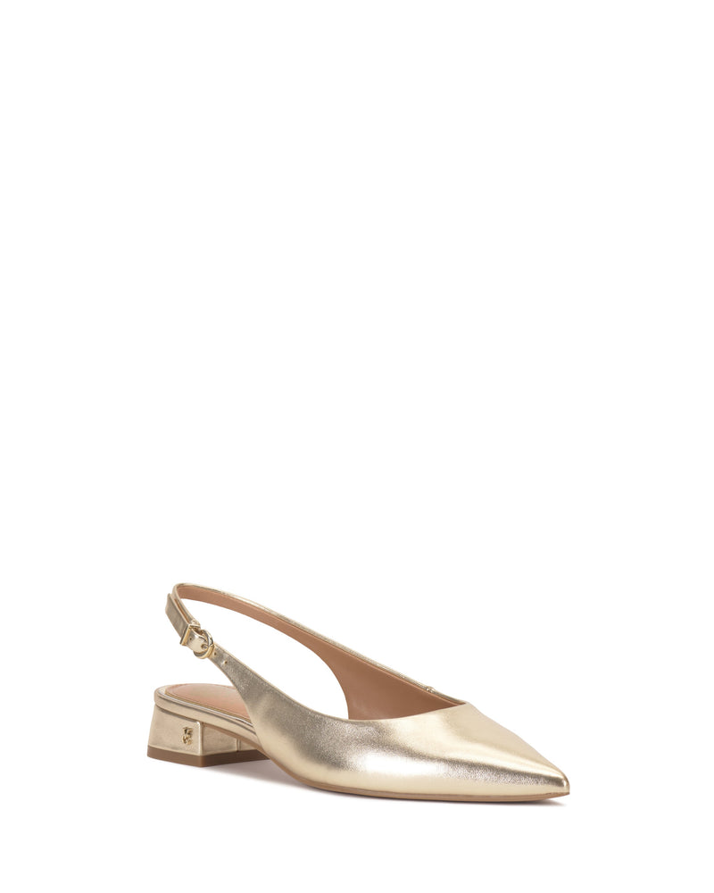 The Vince Camuto Valiey Slingback Pump is a gold metallic pointed-toe mule with a low block heel and adjustable ankle strap, shown against a white background.